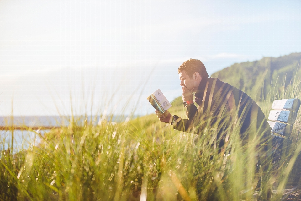 Man grass book bench