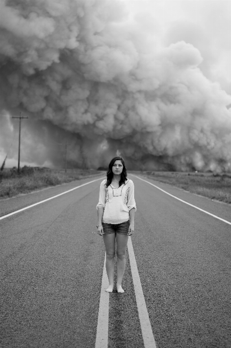 Cloud black and white woman road