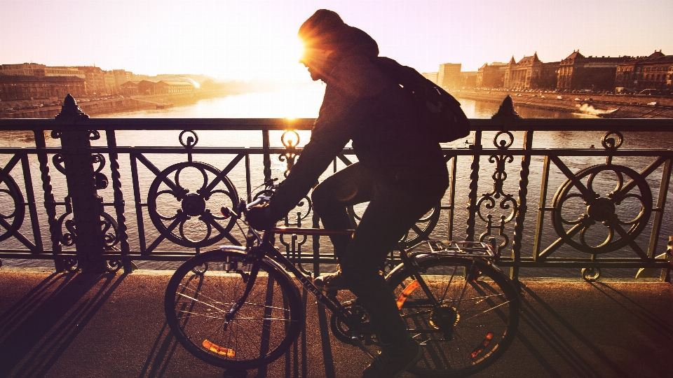 Mann wasser sonnenuntergang brücke