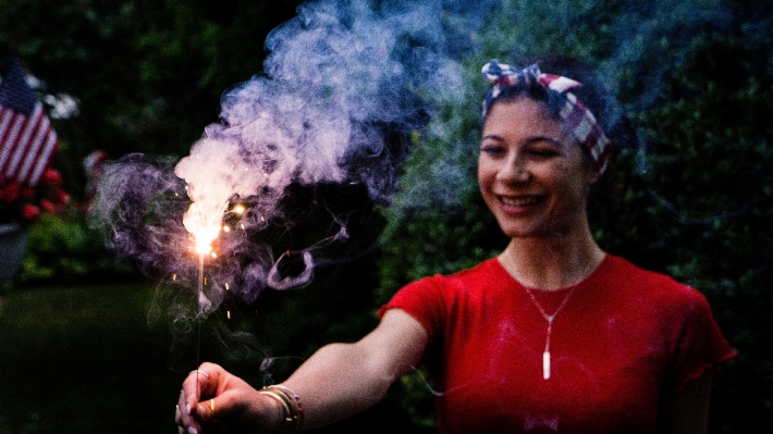 女性 花 線香花火 花火 写真