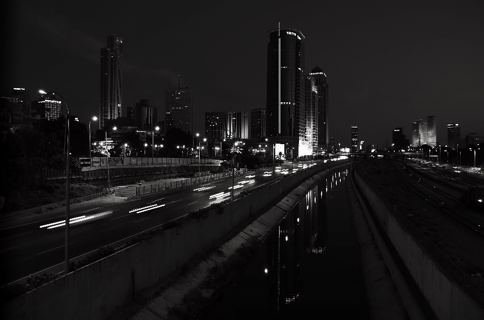 Light black and white skyline night