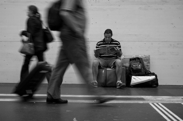 Man black and white road Photo