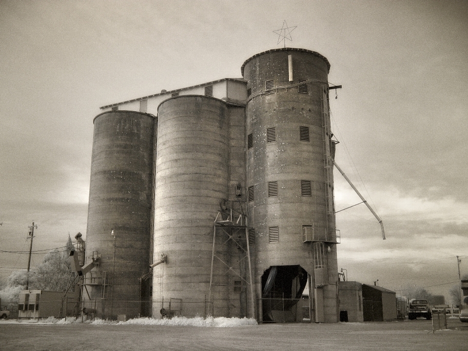 Black and white grain rural tower