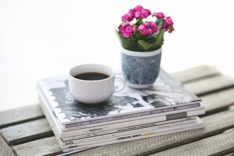 Café blanc fleur en lisant