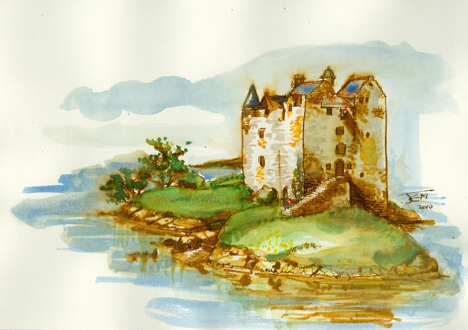 Lake castle painting watercolor