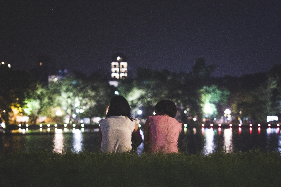 People night lake building