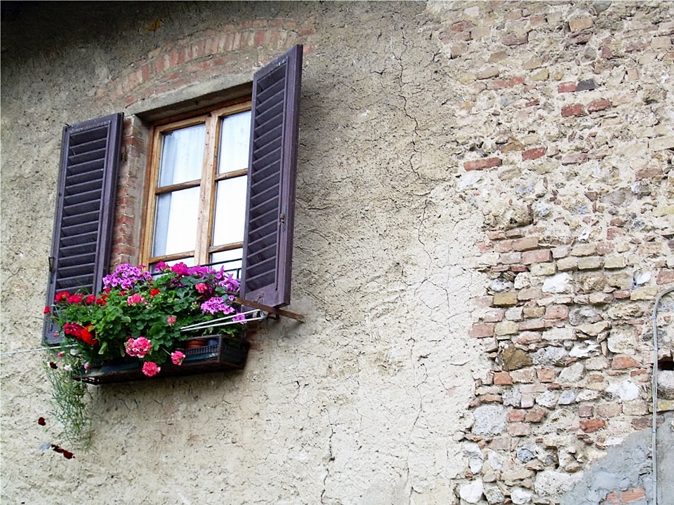 Madera casa púrpura ventana