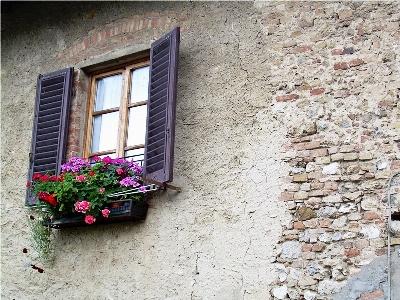 Wood house purple window Photo