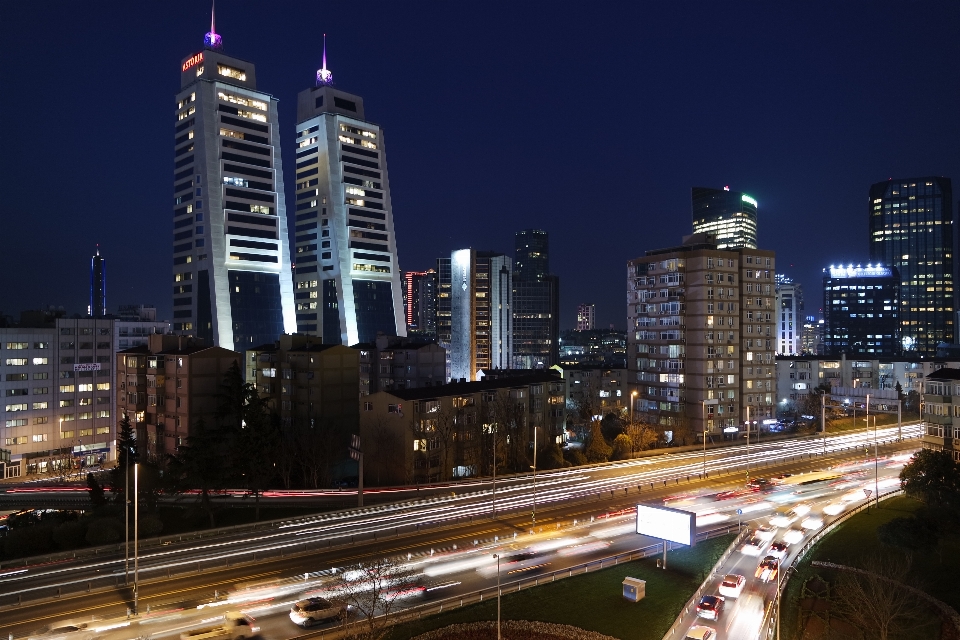 Architecture skyline traffic night