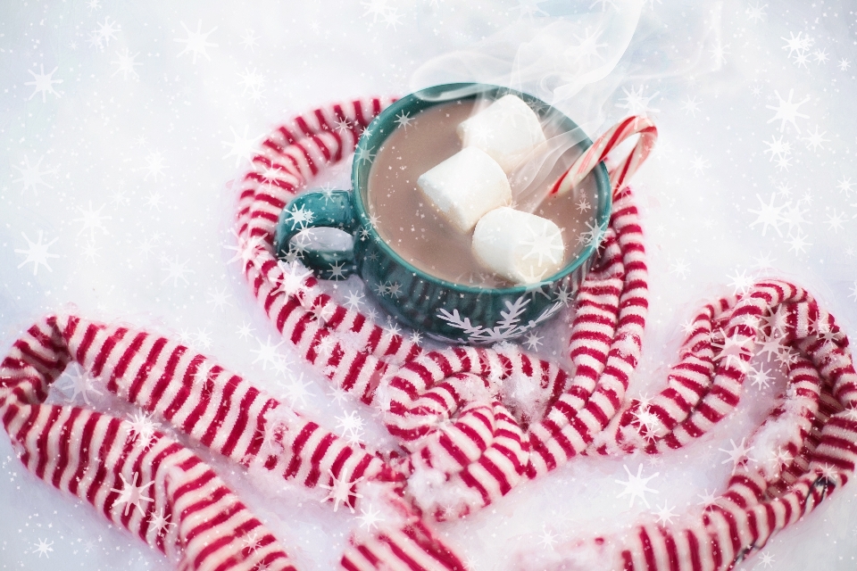 Neige hiver tasse chocolat chaud
