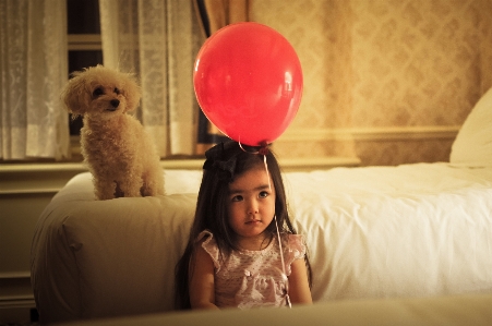 Girl kid balloon puppy Photo