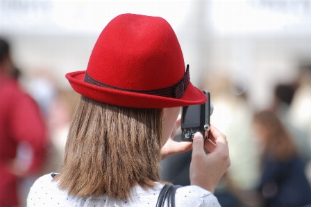 Woman camera red hat Photo