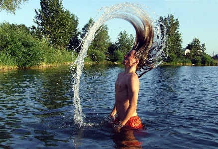 水 アウトドア 髪 濡れた 写真