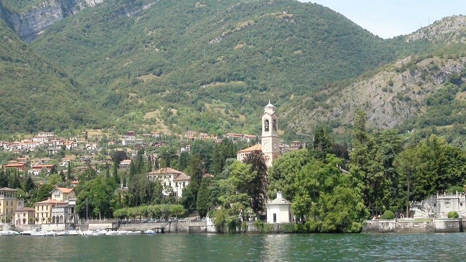 Lake town river mountain range