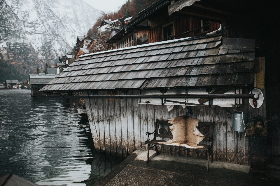 Wood bench house lake