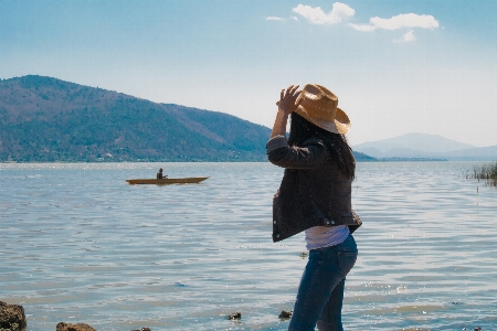 湖 カヌー 女の子 自然 写真