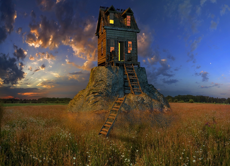 Old house stairs sunset sky