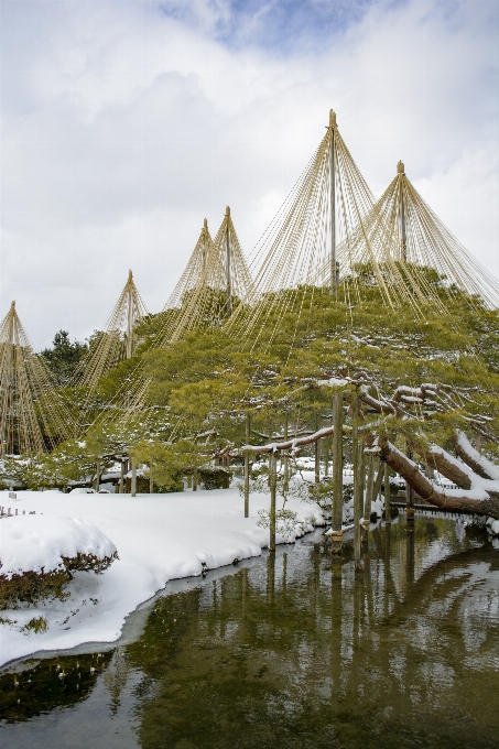 Snow japan shrine reflection