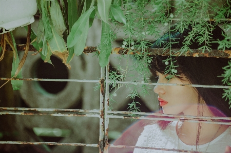 Beautiful girl green leaf Photo