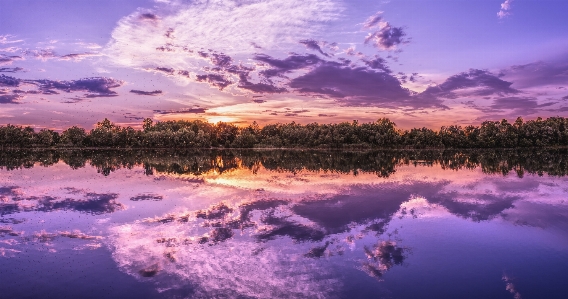 Panorama lake sunset background image Photo