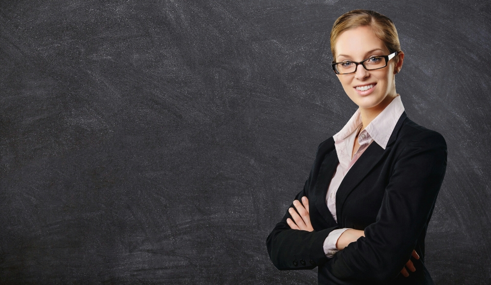 Blackboard business woman professional suit