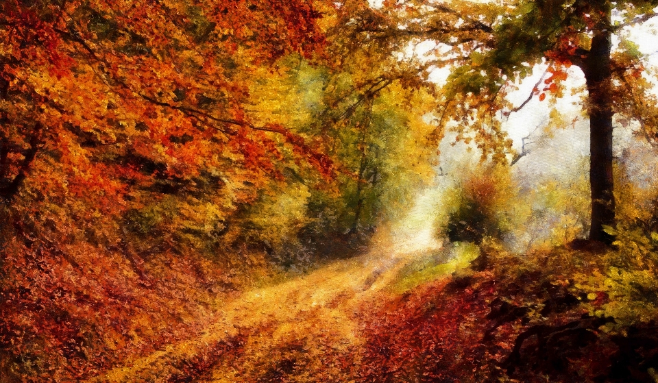 Peinture forêt automne feuilles