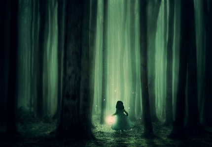 Forest girl trees fog Photo