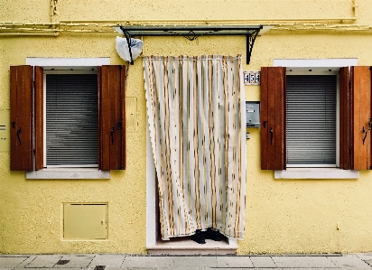 Yellow wall blue door Photo