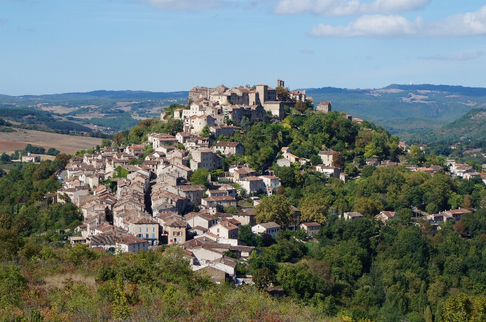 City mountain village sky