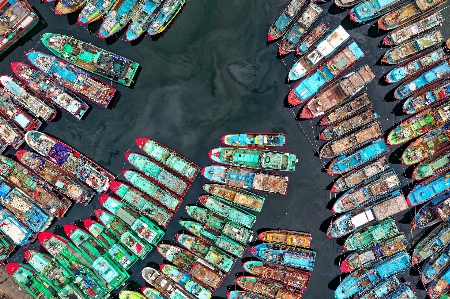 Aerial shot bird's eye view boats drone Photo