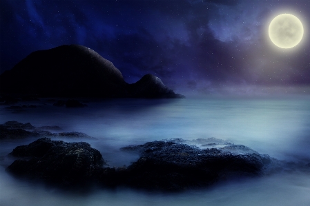 Sea rock moon starry sky Photo