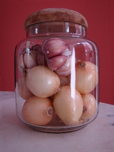 Pot glass onion garlic Photo