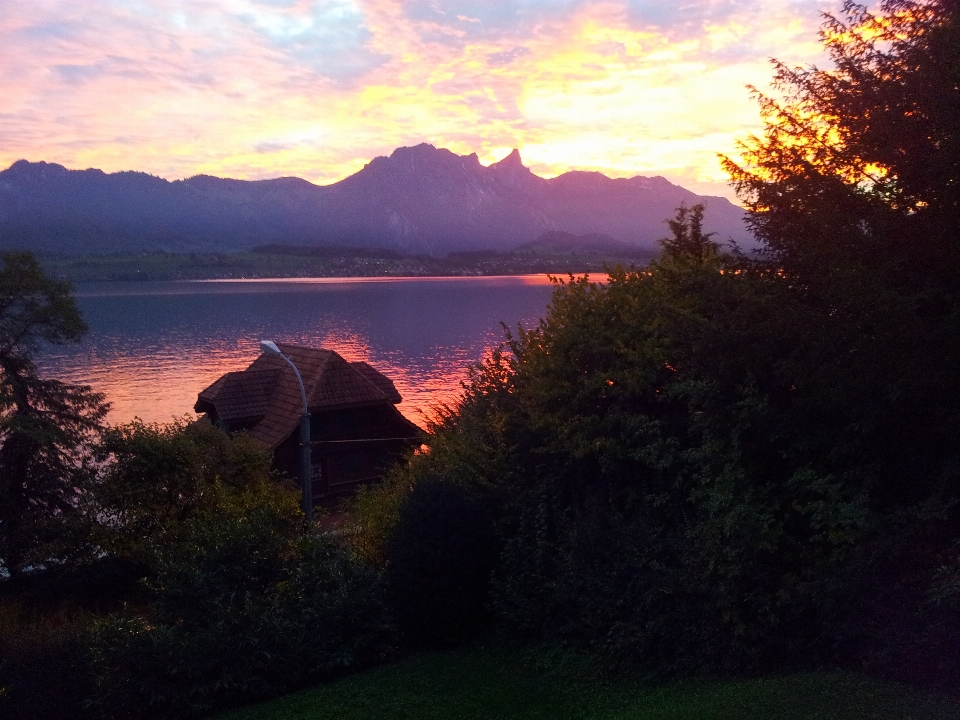 Sunset lake mountains landscape