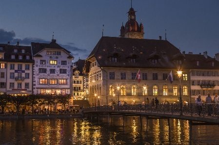 Switzerland night water reflection Photo