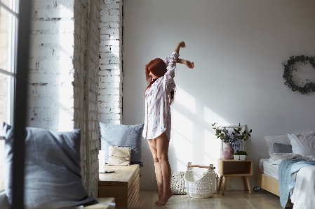 Morning bedroom female home Photo