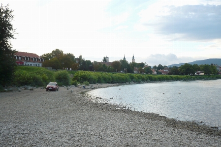 Churches houses trees shore Photo