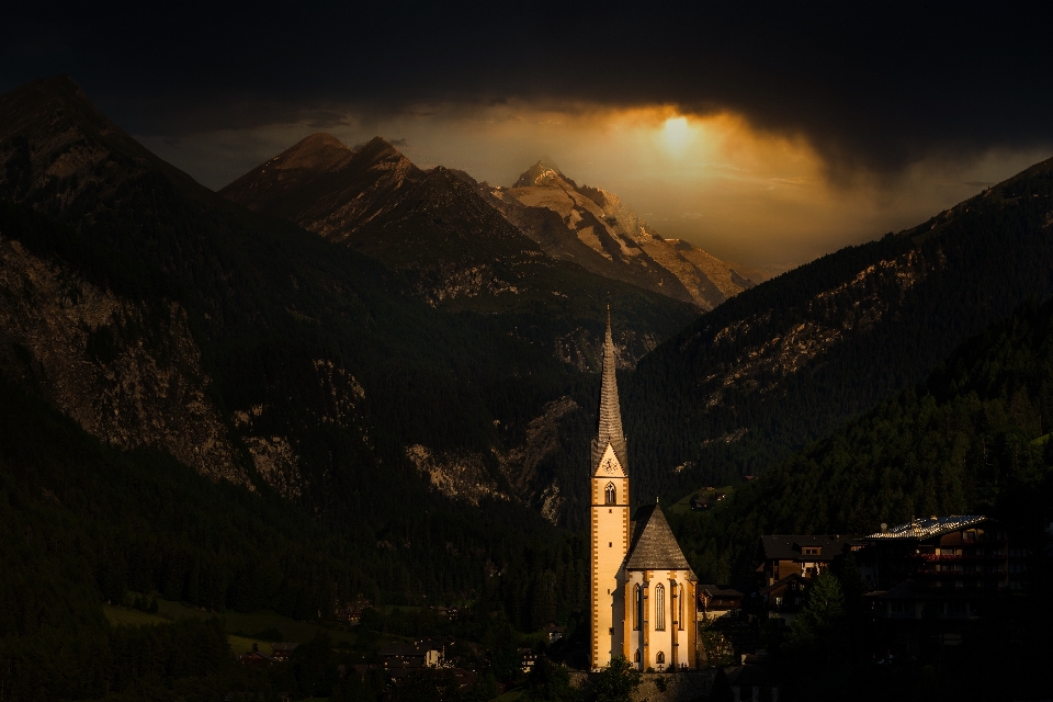 Mountain church valley storm