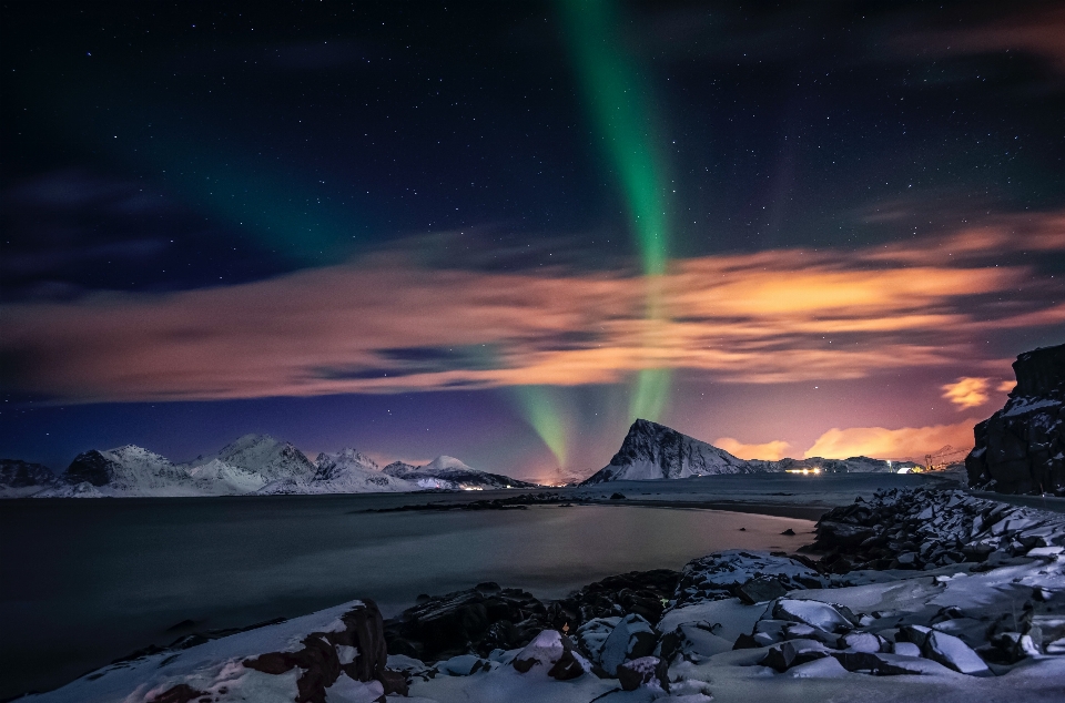 Northern lights mountains water sky