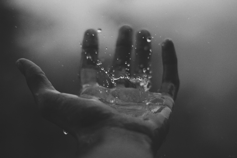 Hand water drop black and white